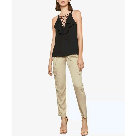 NWT‎ BCBGMAXAZRIA Black Lace-Up Ruffle Halter Top Size XS Sleeveless Blouse - Picture 8 of 11